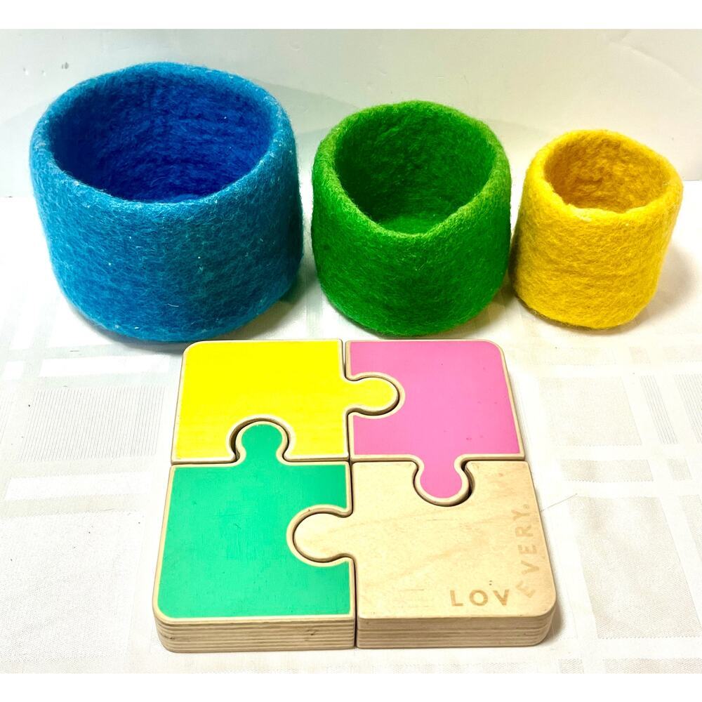 Lovevery Chunky Wooden Puzzle & 3 Felt Nesting Baskets Babbler Montessori Stem